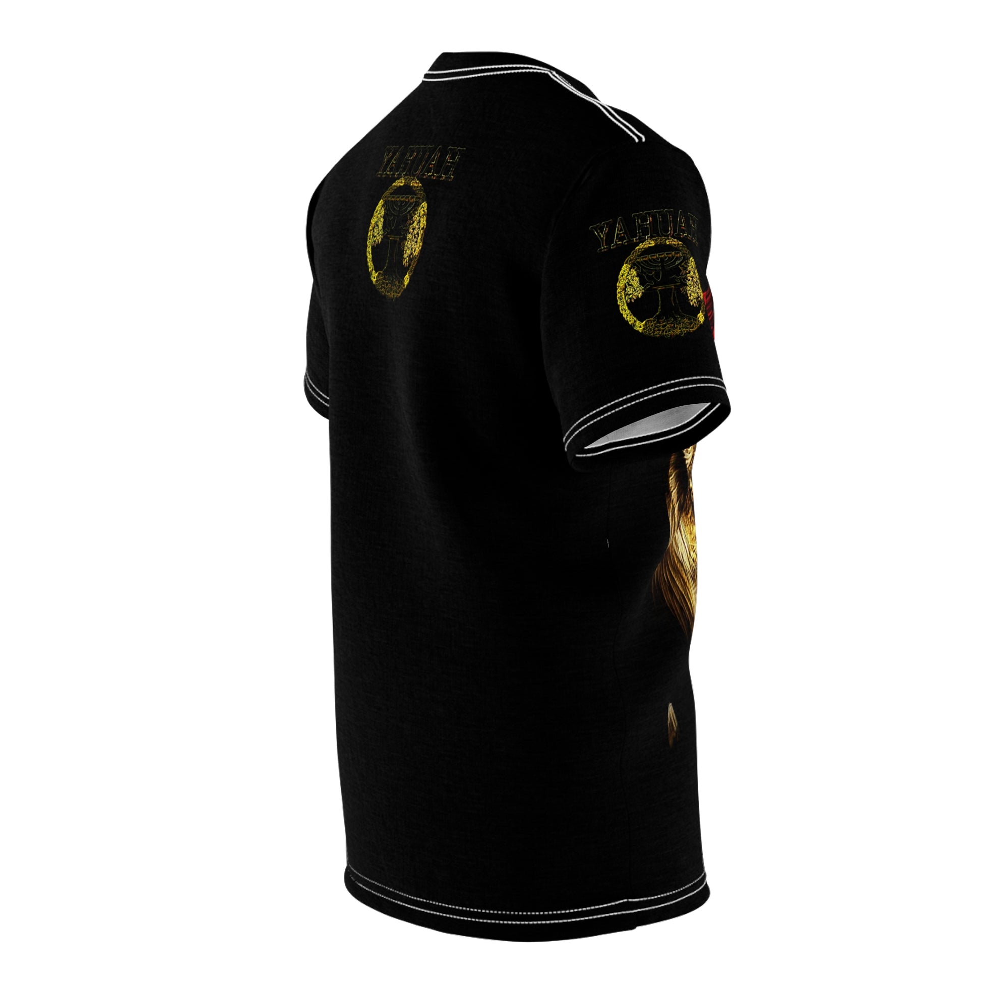 Side and back view mockup of the black unisex t-shirt showing the golden sleeve print and back graphic details.