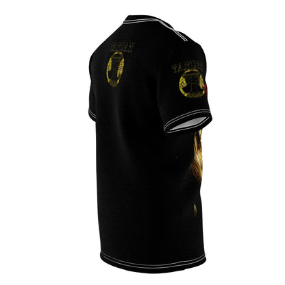 Side and back view mockup of the black unisex t-shirt showing the golden sleeve print and back graphic details.