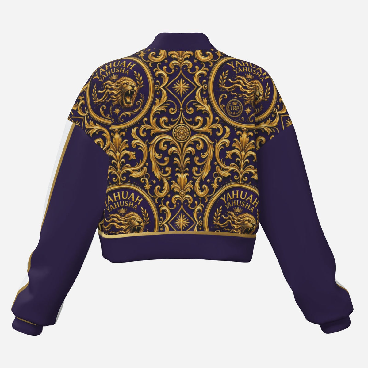 Full back product shot of the Yahuah Yahusha cropped varsity jacket displaying symmetrical gold baroque lion artwork.