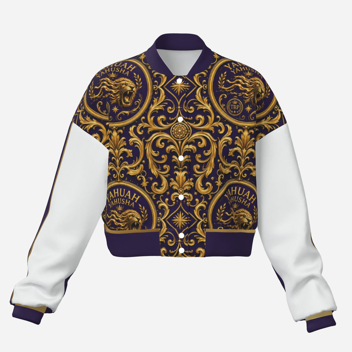 A front product studio shot of the Yahuah Yahusha cropped varsity jacket in purple, gold, and white with snap buttons.