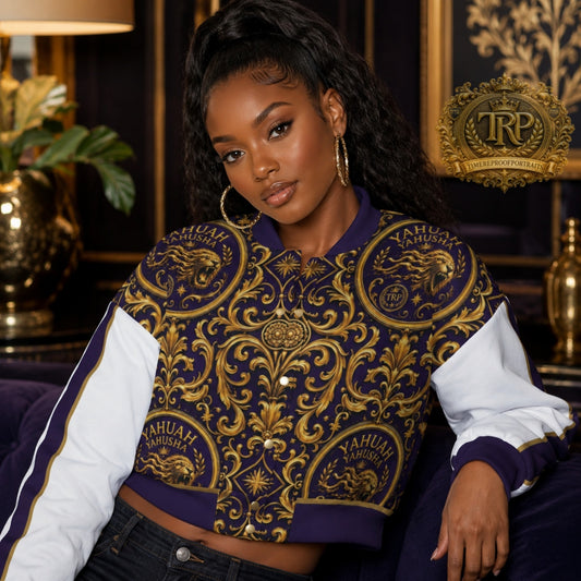 Woman wearing a purple and gold Yahuah Yahusha cropped drop-shoulder varsity jacket featuring intricate baroque and lion graphics.