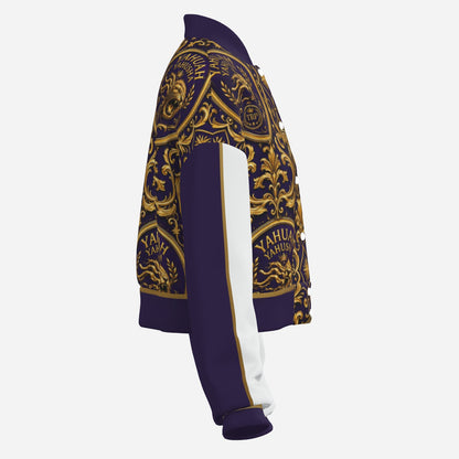 Right-side profile studio view of the Yahuah Yahusha cropped varsity jacket showing sleeve piping and side print details.