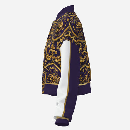 Left-side profile studio view of the Yahuah Yahusha cropped varsity jacket showing sleeve piping and side print details.