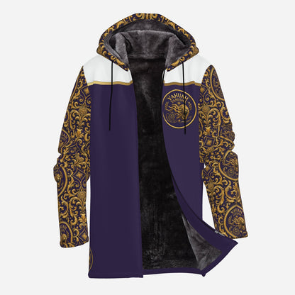 Front view of the open Yahuah Yahusha zip hoodie displaying soft, dark grey plush fleece lining interior and ornate gold pattern.