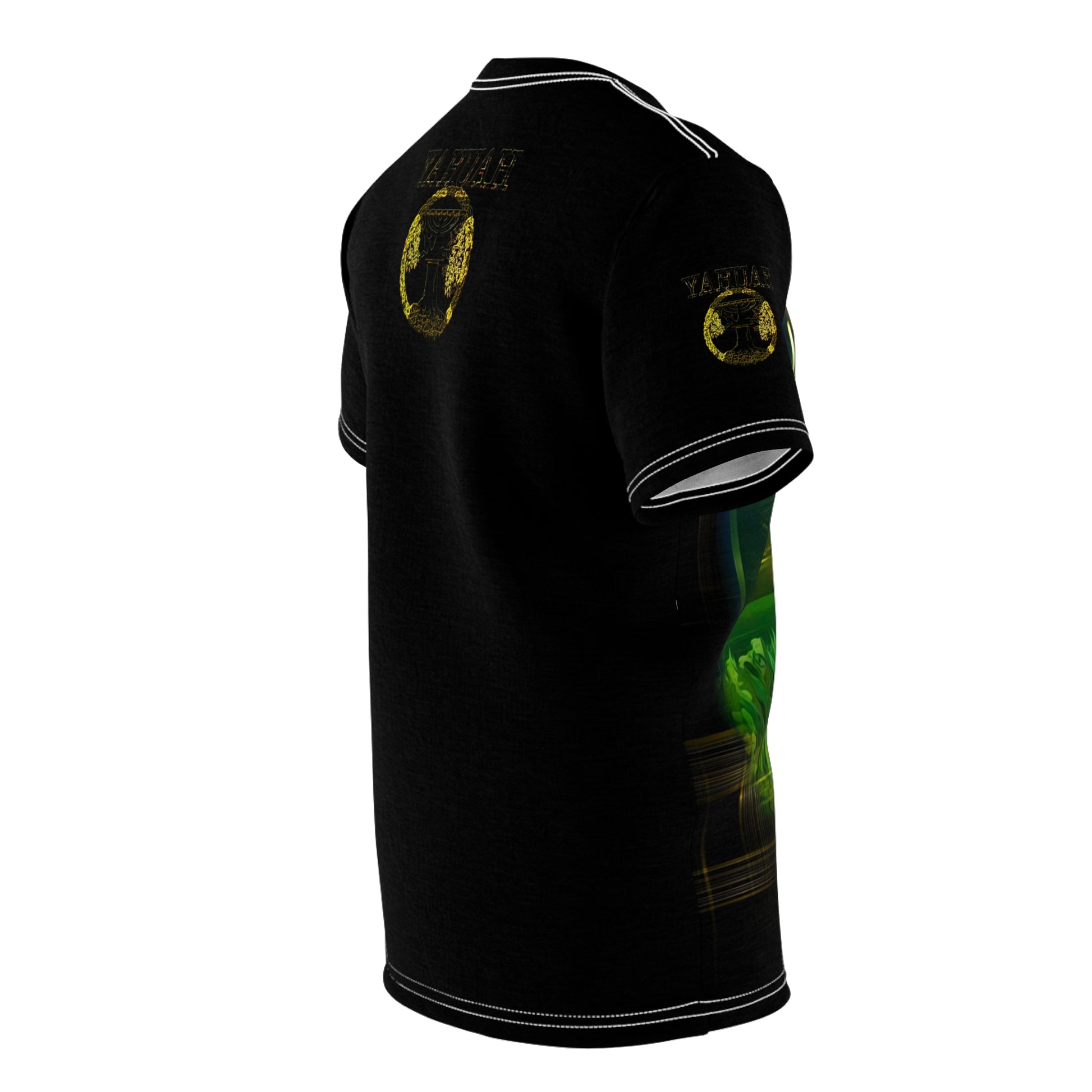 Angled back mockup view of the shirt showing the gold circular crest on the upper back and a matching emblem on the sleeve.