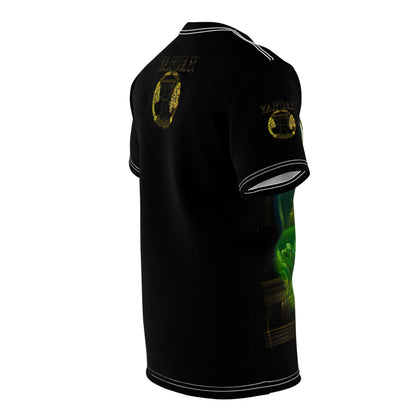 Angled back mockup view of the shirt showing the gold circular crest on the upper back and a matching emblem on the sleeve.