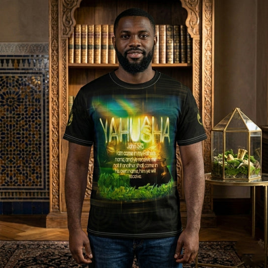 A man wearing the Yahuah Yahusha unisex t-shirt featuring a glowing gold graphic and biblical text on the front, standing in front of a bookcase.