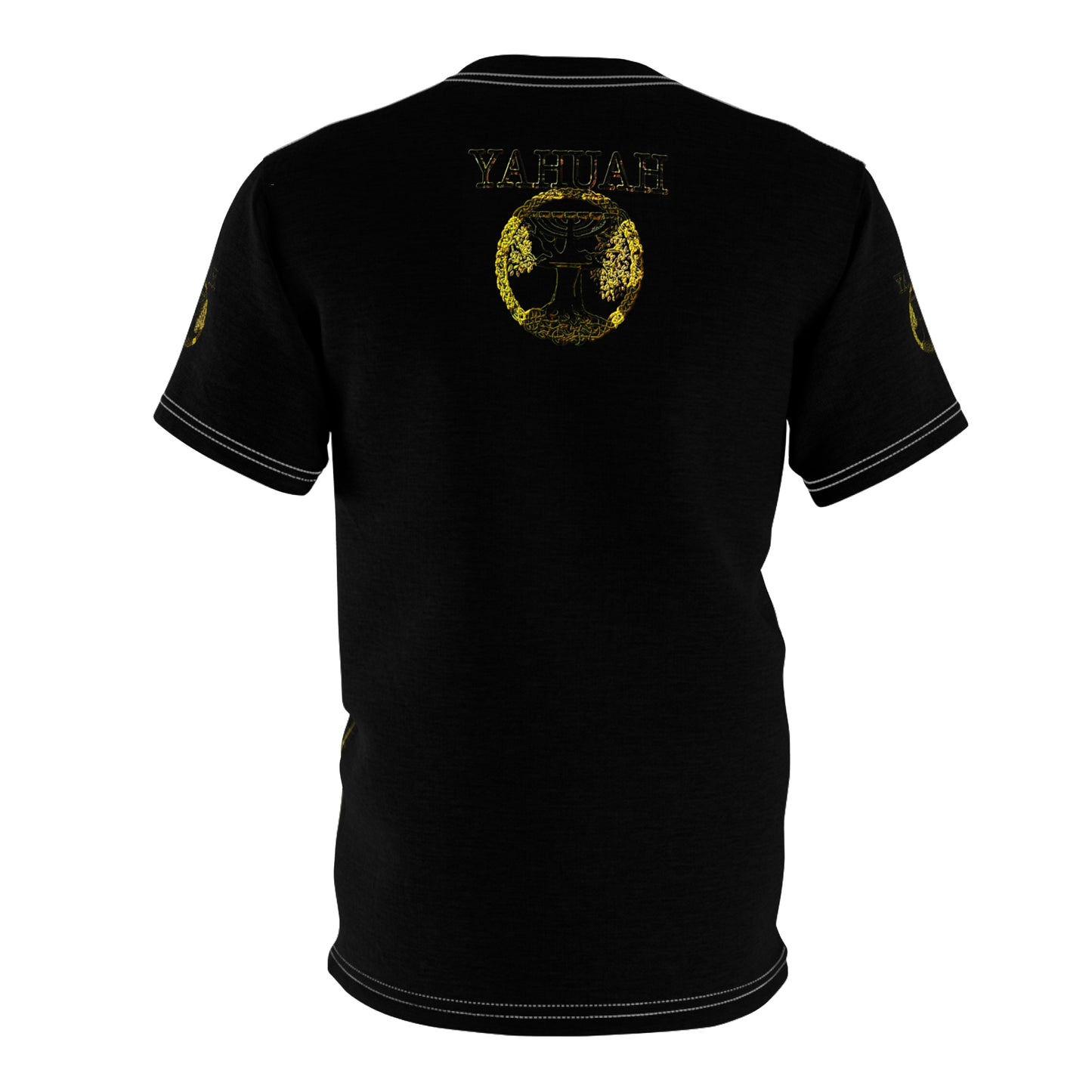 Back mockup view of the black unisex t-shirt featuring the gold circular tree and menorah crest emblem centered on the upper back.