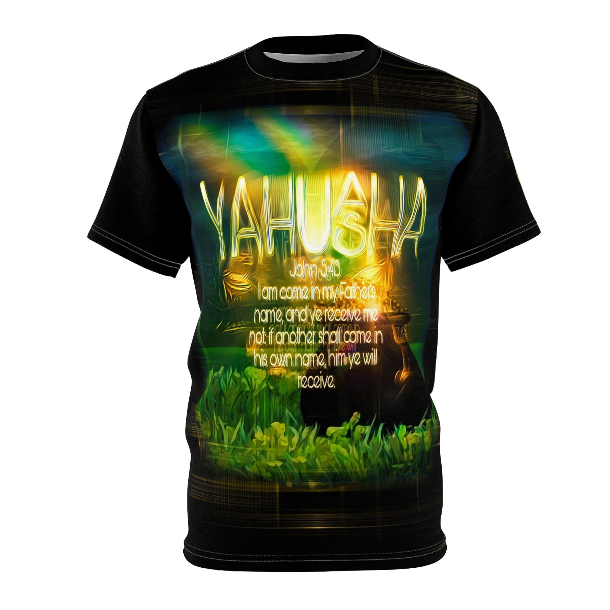 Front view mockup of the Yahuah Yahusha t-shirt on a white background, highlighting the green and yellow glowing graphic design.
