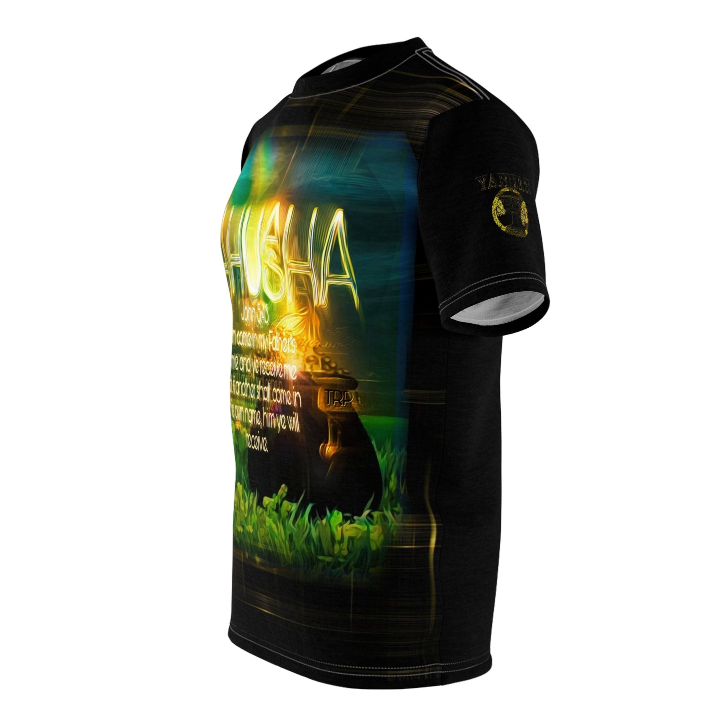 Side profile mockup of the black graphic t-shirt showing the sleeve detail and wrap-around front print.
