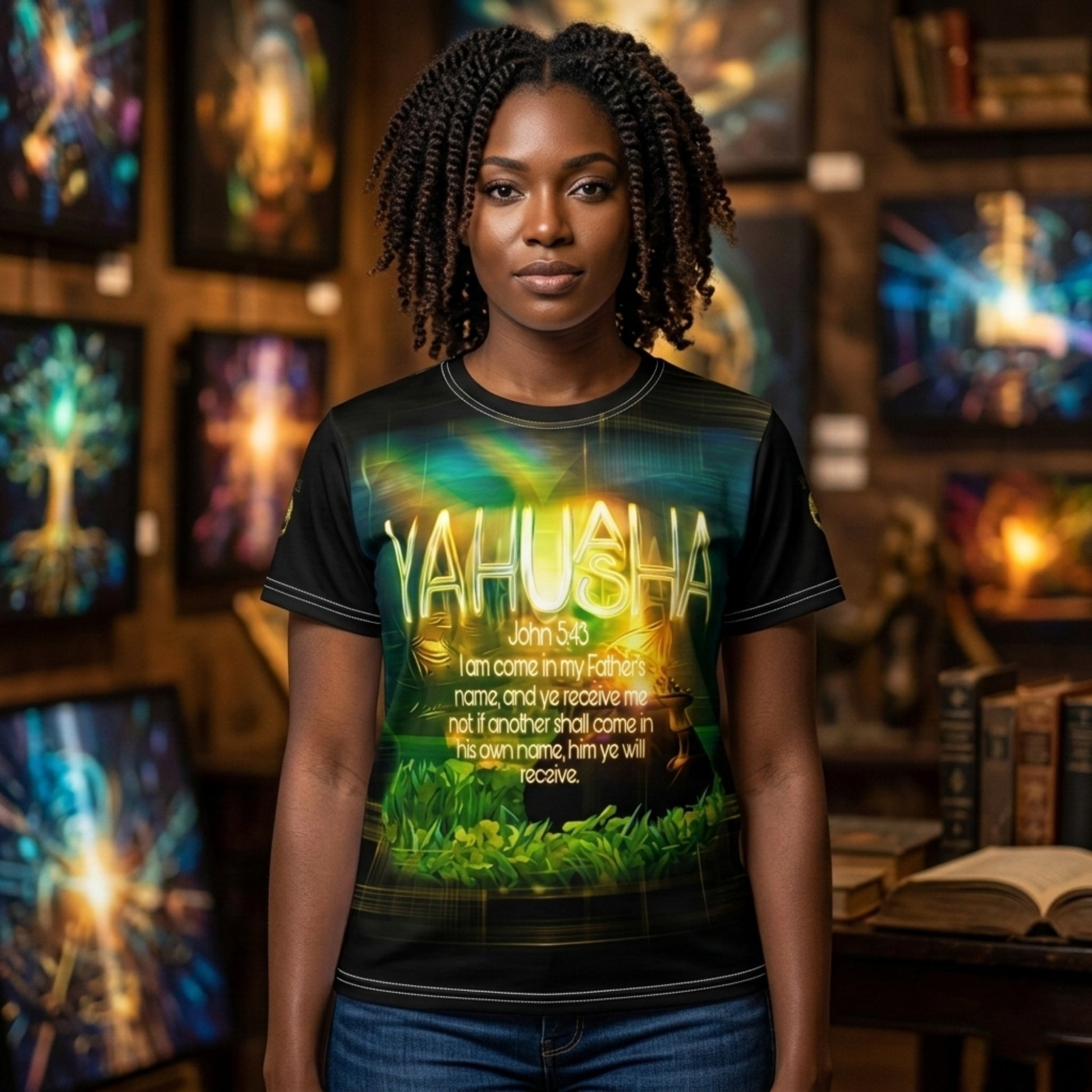 A woman modeling the Yahuah Yahusha graphic t-shirt with a vibrant neon graphic and scripture print on the front.