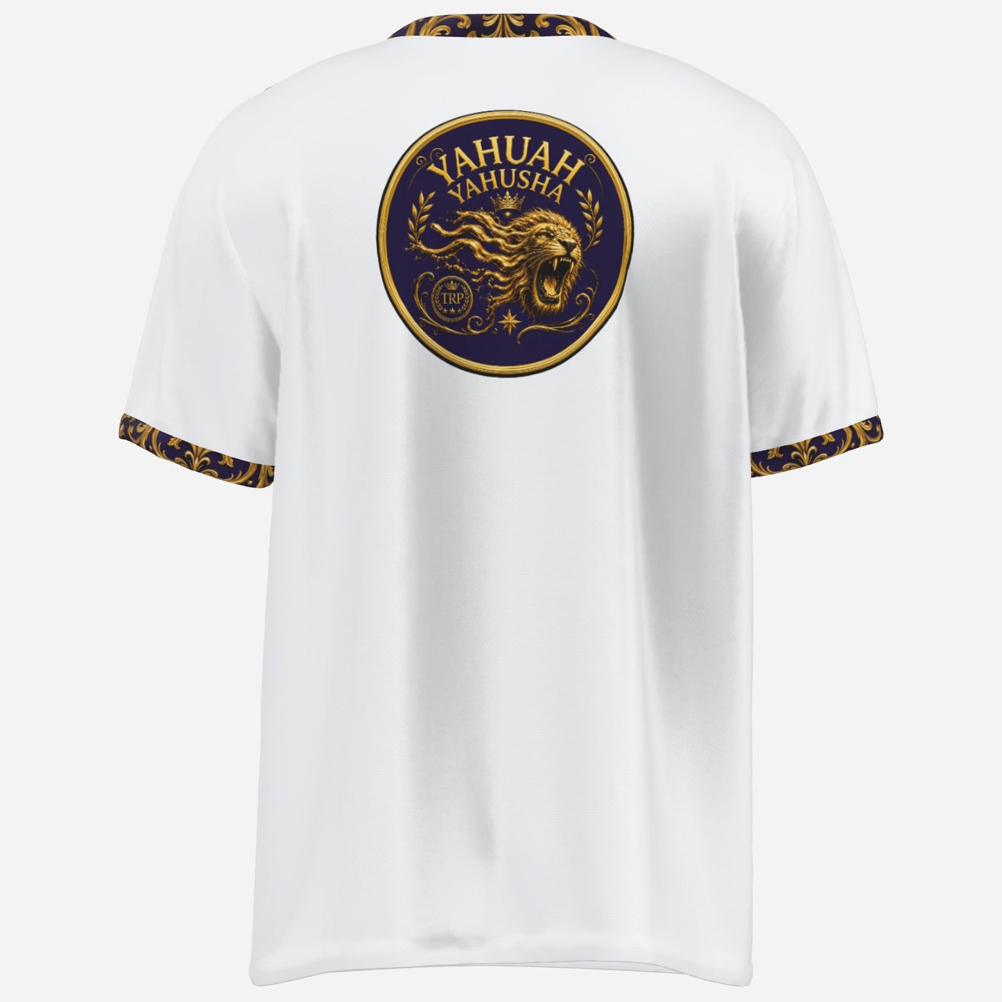 Back mockup of the white Yahuah Yahusha men's athletic t-shirt displaying the large circular lion crest and gold-trimmed sleeve cuffs.