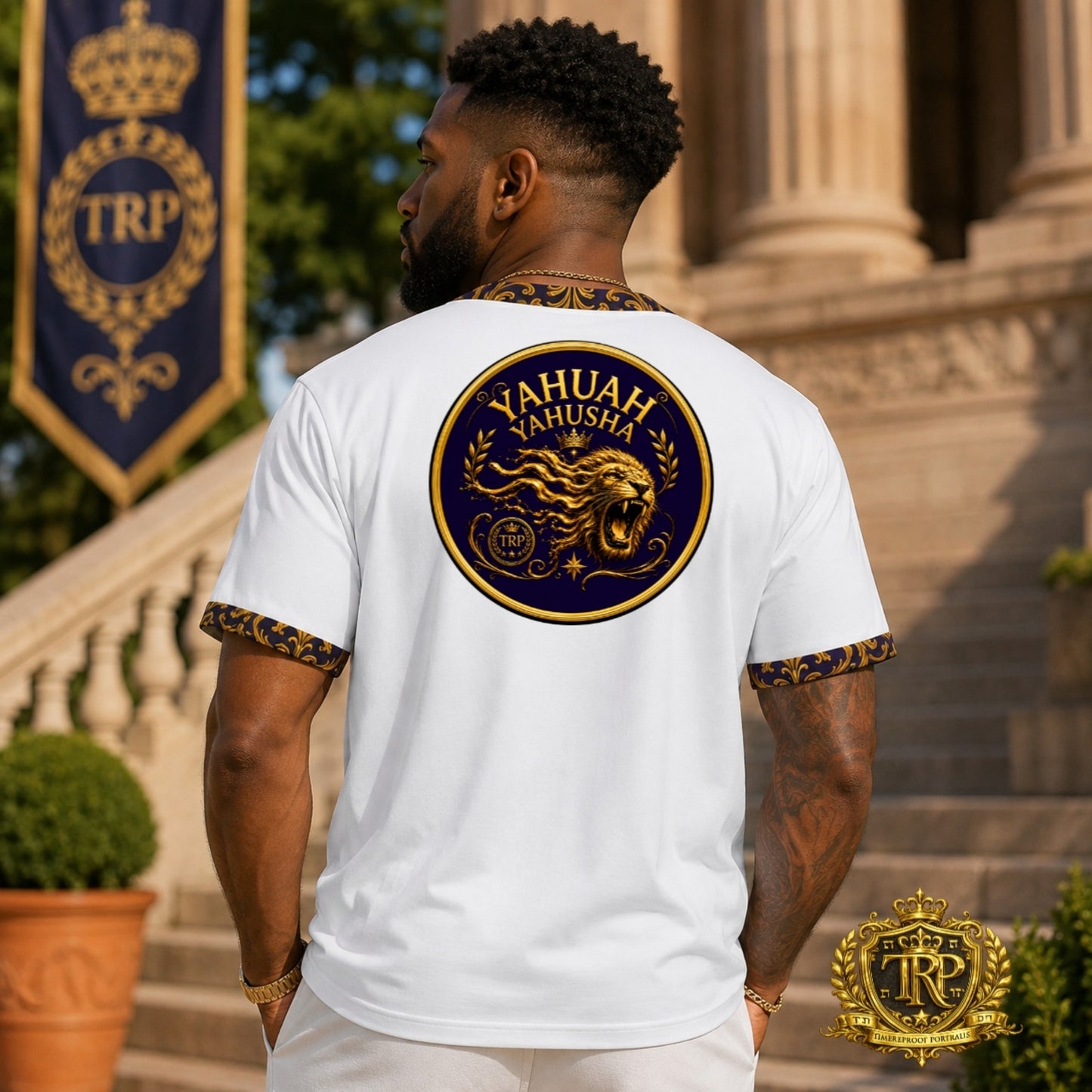 Back view of a man wearing the white Yahuah Yahusha athletic t-shirt featuring a large golden roaring lion crest on the back.