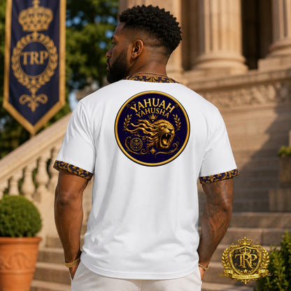 Back view of a man wearing the white Yahuah Yahusha athletic t-shirt featuring a large golden roaring lion crest on the back.