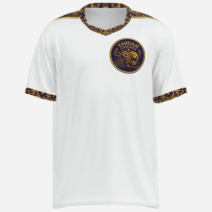 Front mockup of the white Yahuah Yahusha men's athletic t-shirt showing the gold-trimmed collar and chest lion seal.