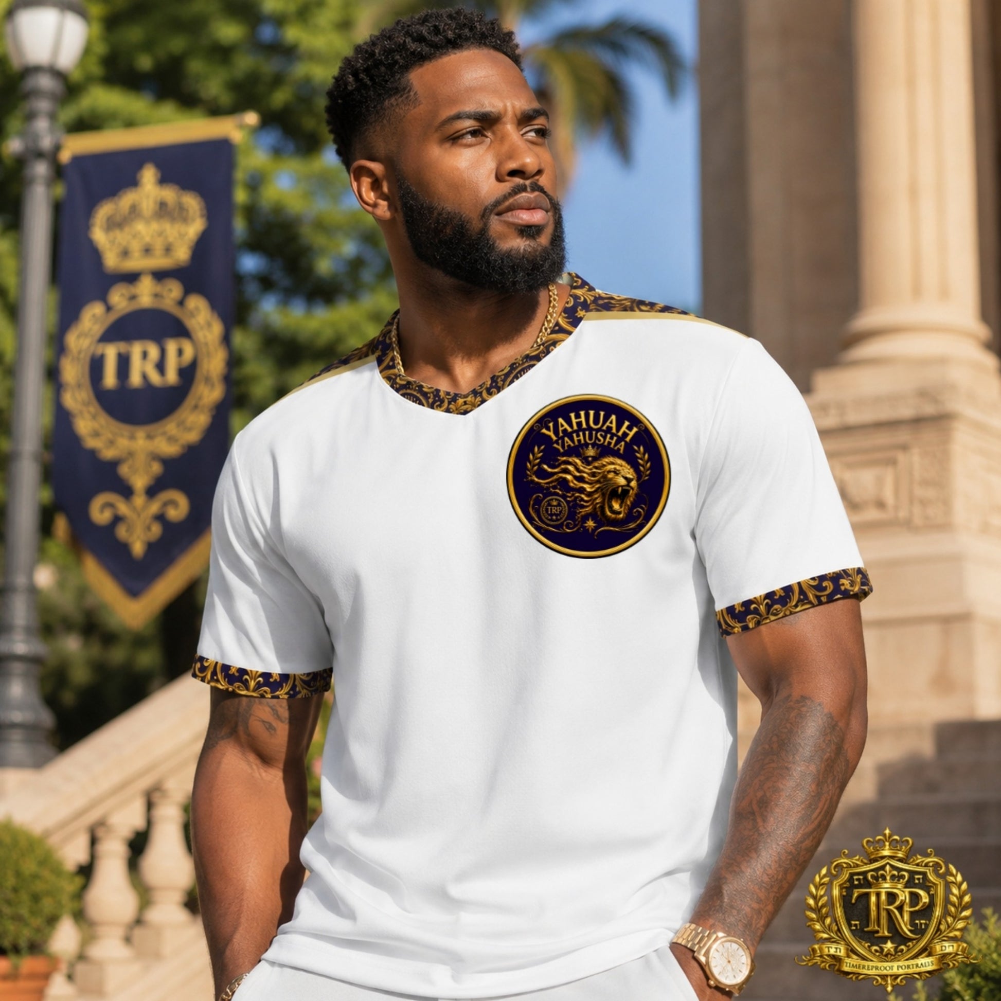Front view of a man wearing the white Yahuah Yahusha athletic t-shirt with gold lion chest emblem and baroque trim outside.
