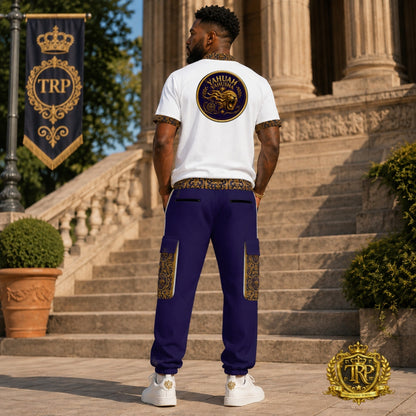 Full-length back view of a model wearing the Yahuah Yahusha athletic shirt showing the lion crest and matching purple joggers.