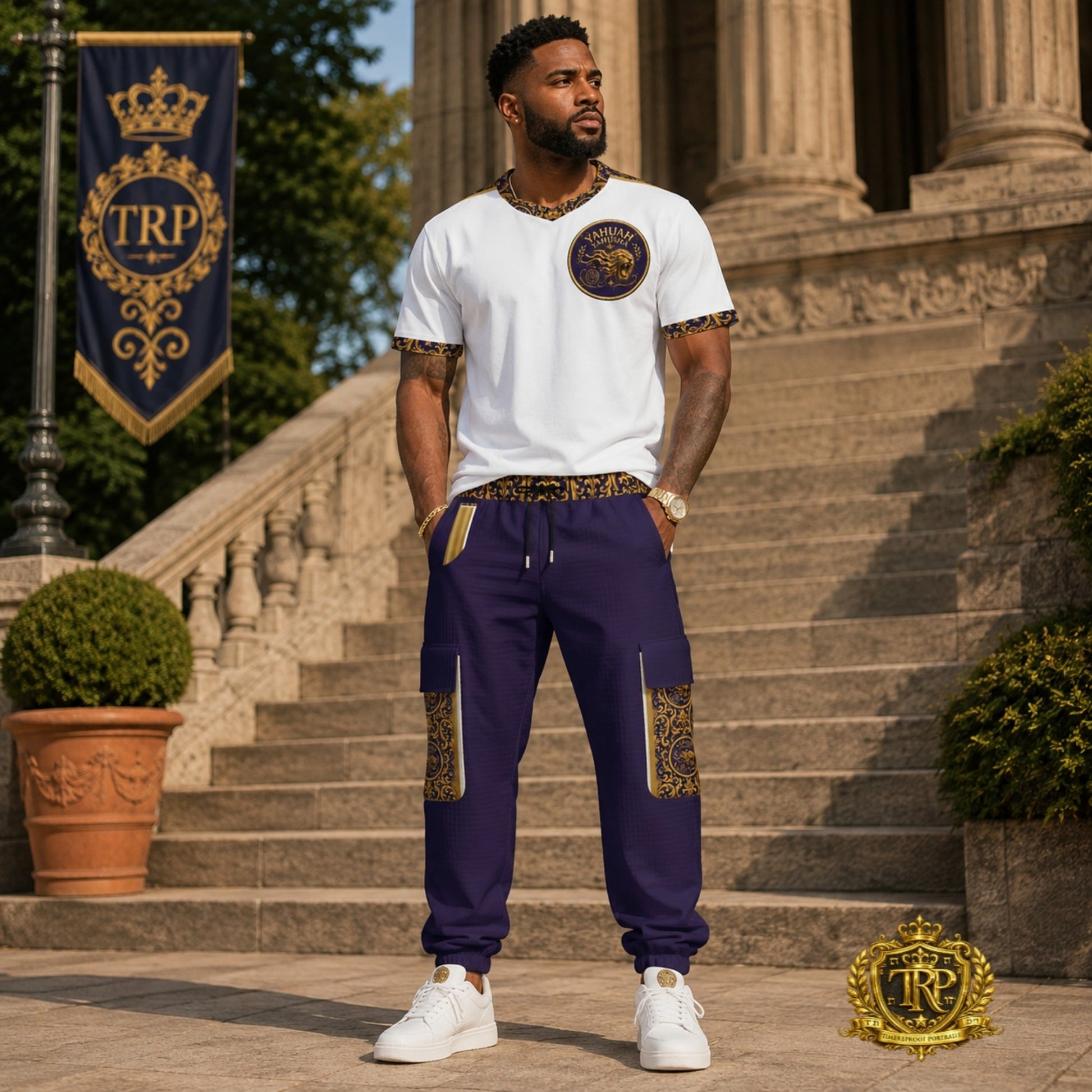Full-length front view of a model wearing the white Yahuah Yahusha athletic t-shirt paired with matching purple cargo joggers.