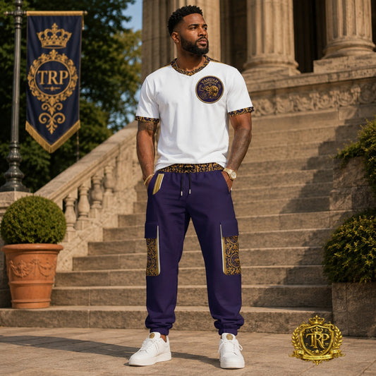 Full-length front view of a model wearing the white Yahuah Yahusha athletic t-shirt paired with matching purple cargo joggers.