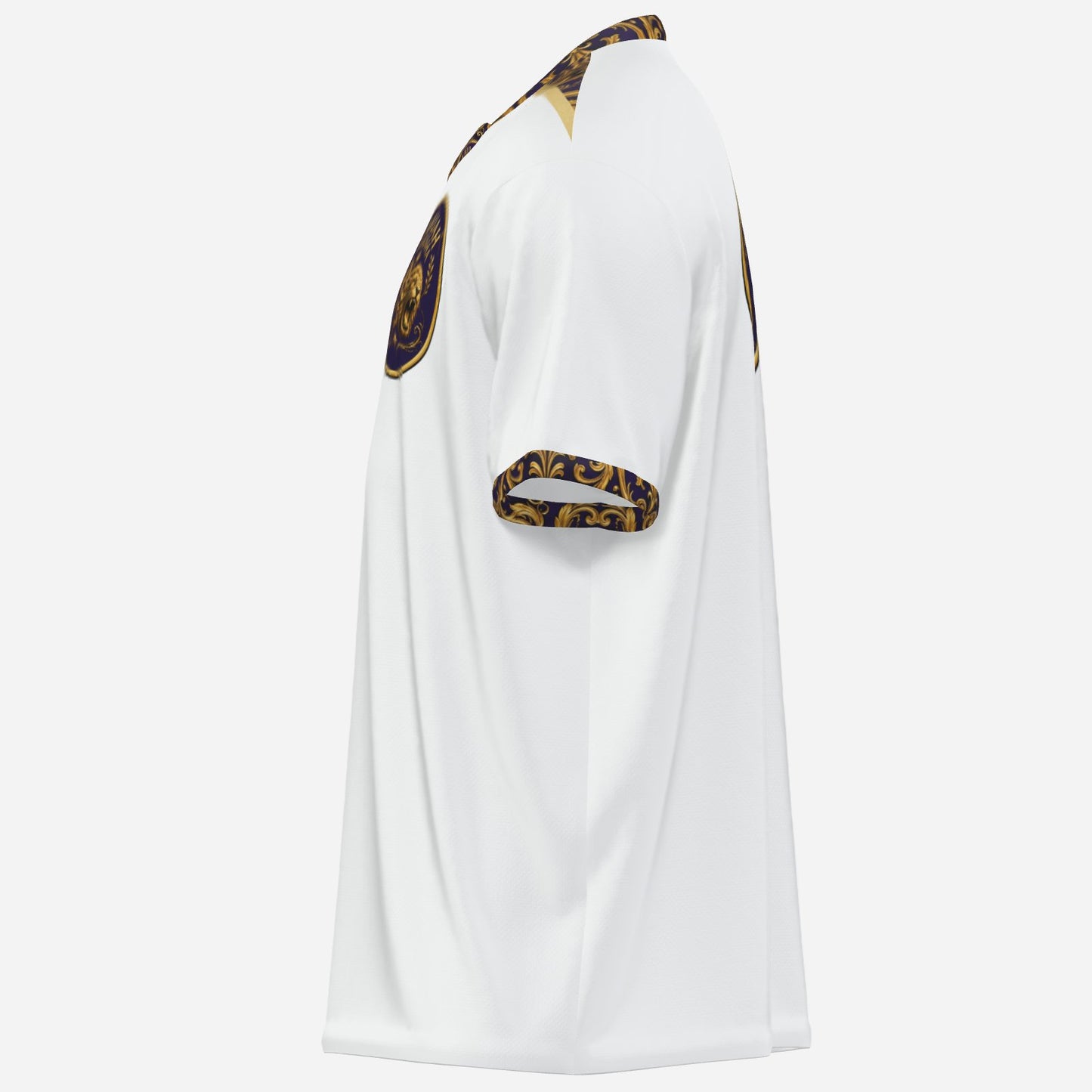 Left side profile view of the white Yahuah Yahusha men's athletic t-shirt detailing the collar print and sleeve trim.