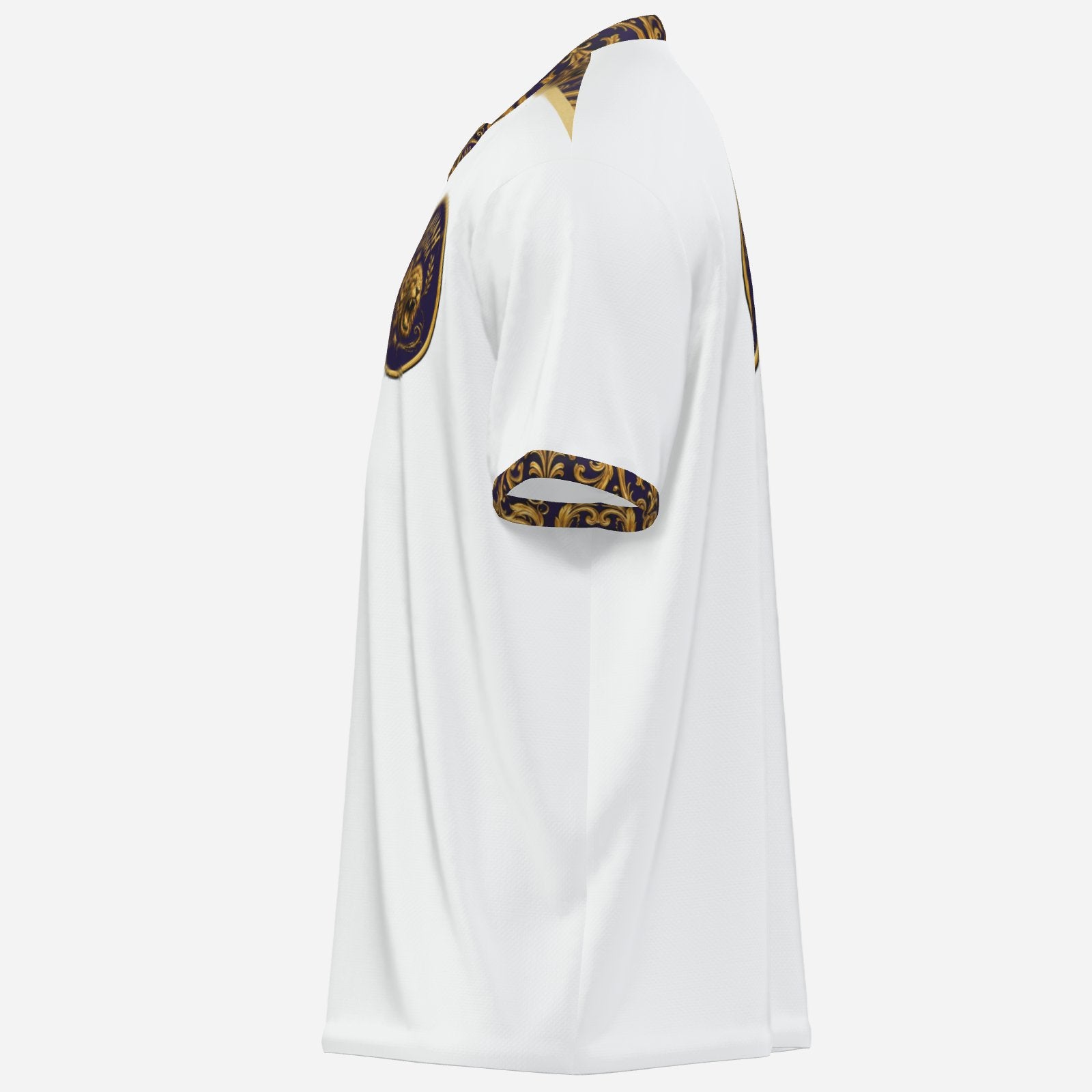 Left side profile view of the white Yahuah Yahusha men's athletic t-shirt detailing the collar print and sleeve trim.