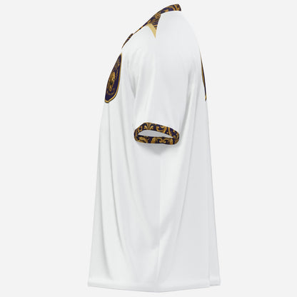 Left side profile view of the white Yahuah Yahusha men's athletic t-shirt detailing the collar print and sleeve trim.
