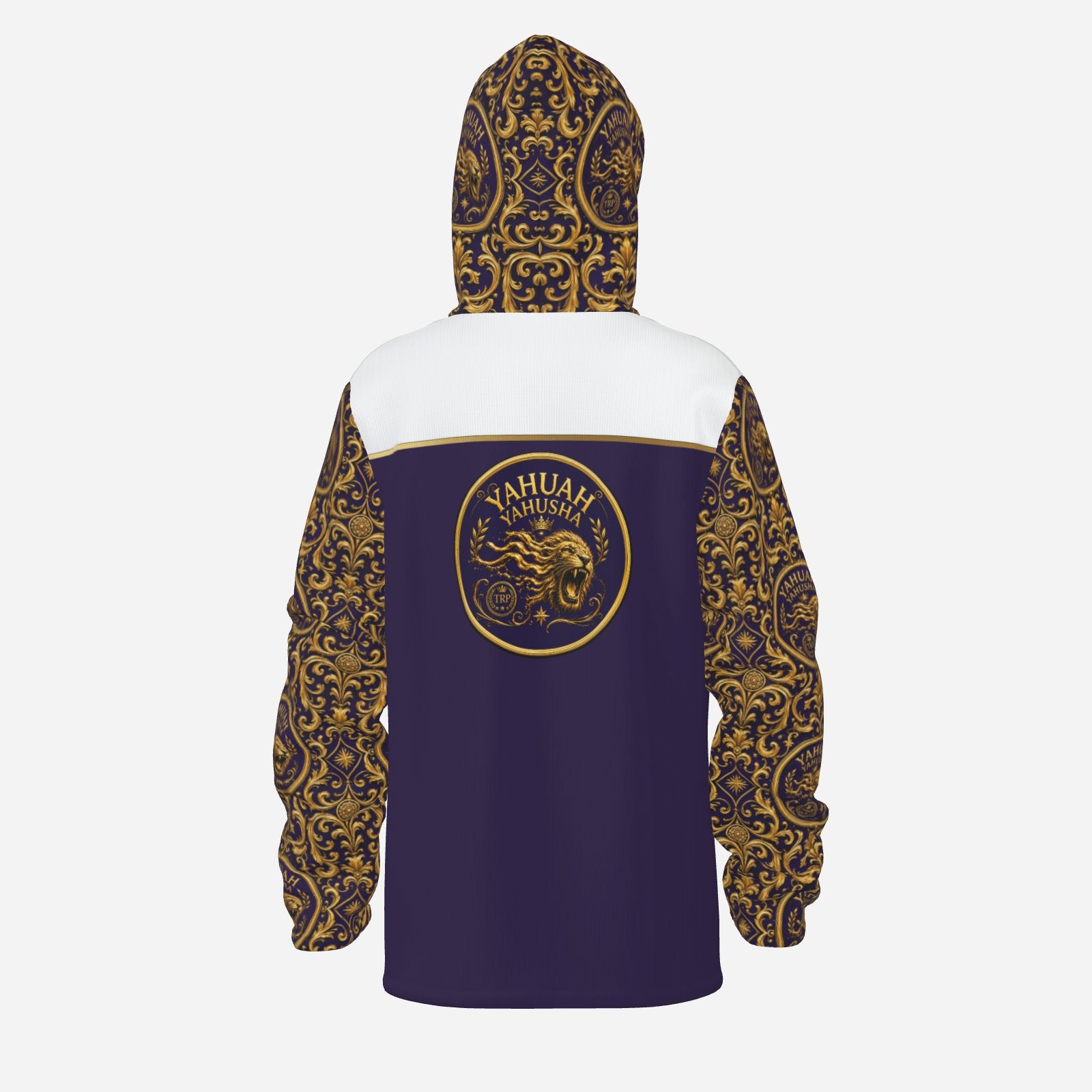 Back view of the Yahuah Yahusha fleece zip hoodie with the detailed gold baroque-patterned hood pulled up.