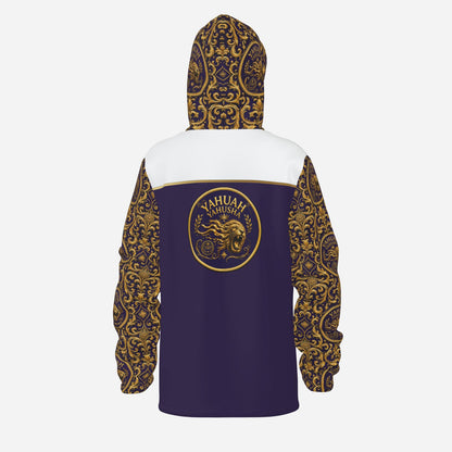 Back view of the Yahuah Yahusha fleece zip hoodie with the detailed gold baroque-patterned hood pulled up.
