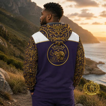 Back view of a man wearing the Yahuah Yahusha fleece zip hoodie featuring a roaring lion seal emblem on dark purple fabric.
