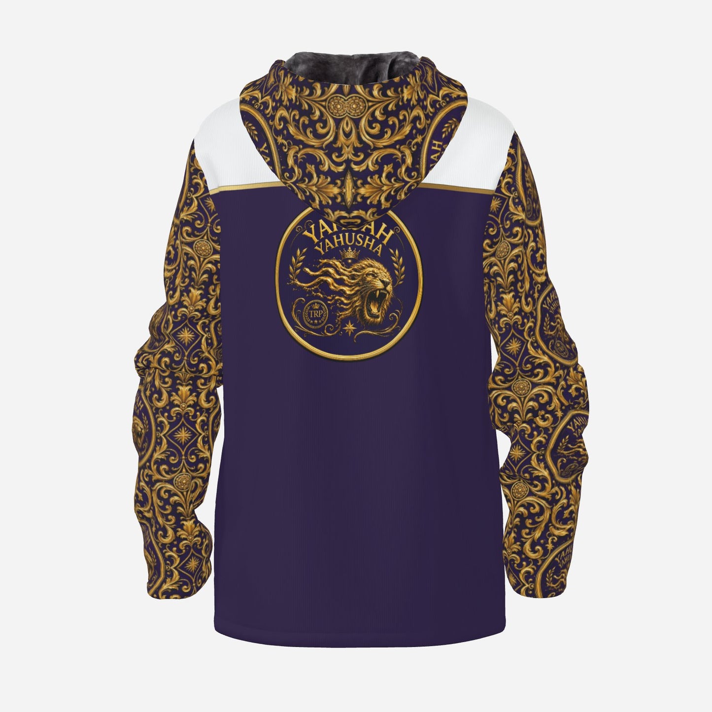 Product flat lay of the back of the Yahuah Yahusha fleece hoodie highlighting the large circular roaring lion gold emblem.