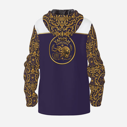 Product flat lay of the back of the Yahuah Yahusha fleece hoodie highlighting the large circular roaring lion gold emblem.