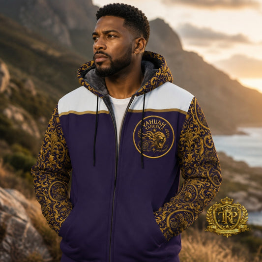 Man wearing a purple and gold Yahuah Yahusha fleece zip hoodie with intricate baroque sleeve pattern and lion emblem on chest outdoors.