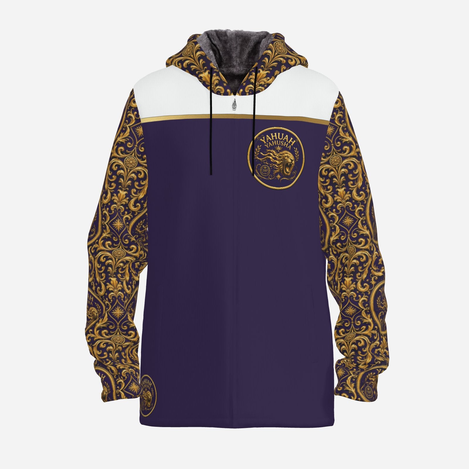 Studio flat product shot of the front of Yahuah Yahusha men's fleece zip hoodie with gold lion chest logo and patterned sleeves.