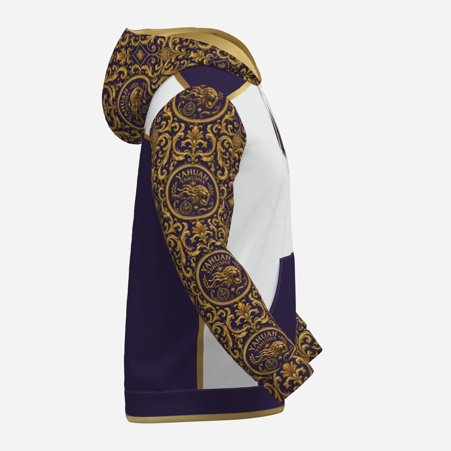 Left side profile of Yahuah Yahusha hoodie showcasing gold filigree sleeves, purple side accent panels, and gold trimmed hem.