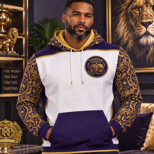 Man wearing purple, white, and gold Yahuah Yahusha hoodie featuring a lion emblem chest crest and ornate filigree patterned sleeves.