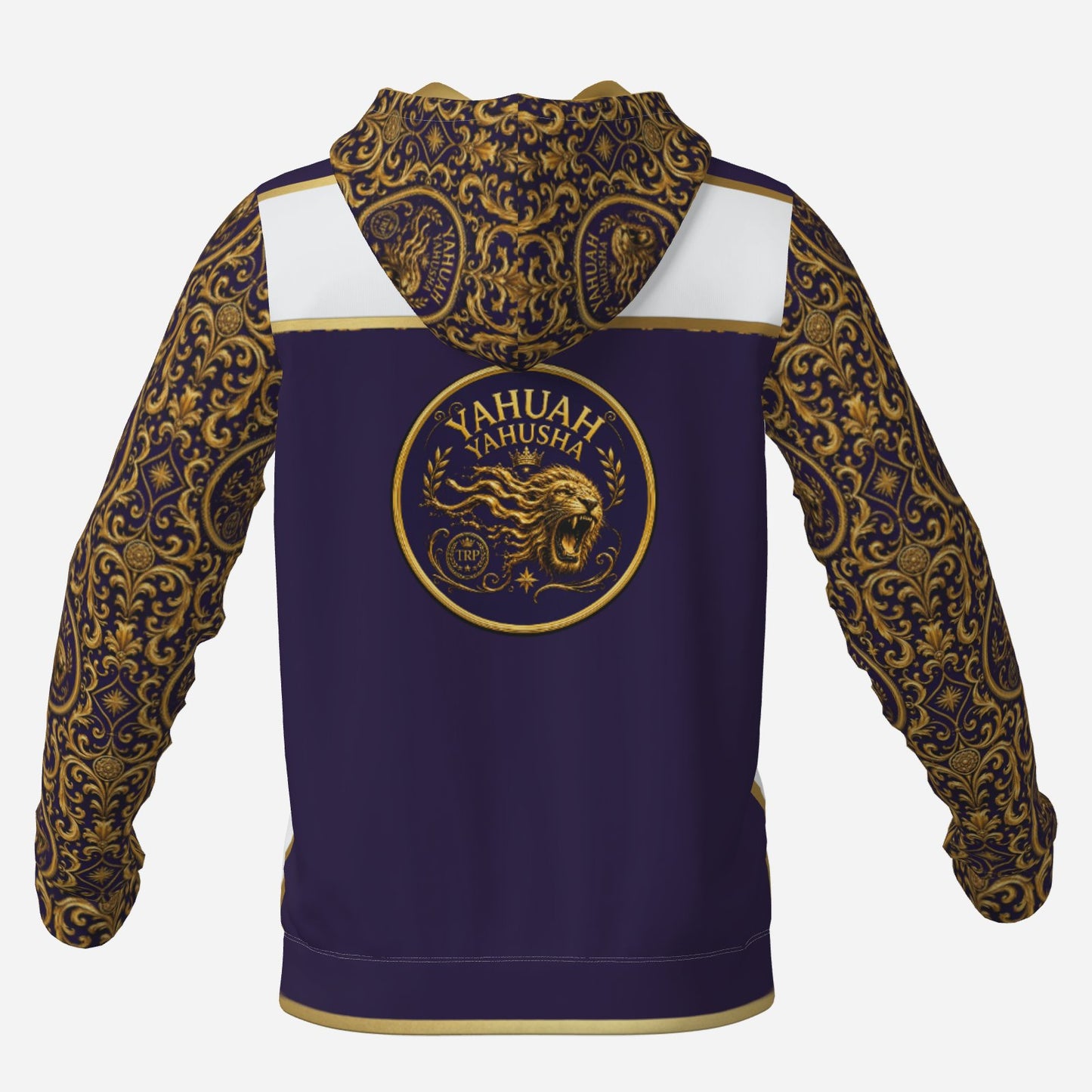 Back flat lay view of Yahuah Yahusha hoodie featuring large circular roaring lion badge with sovereign names and gold filigree hood.