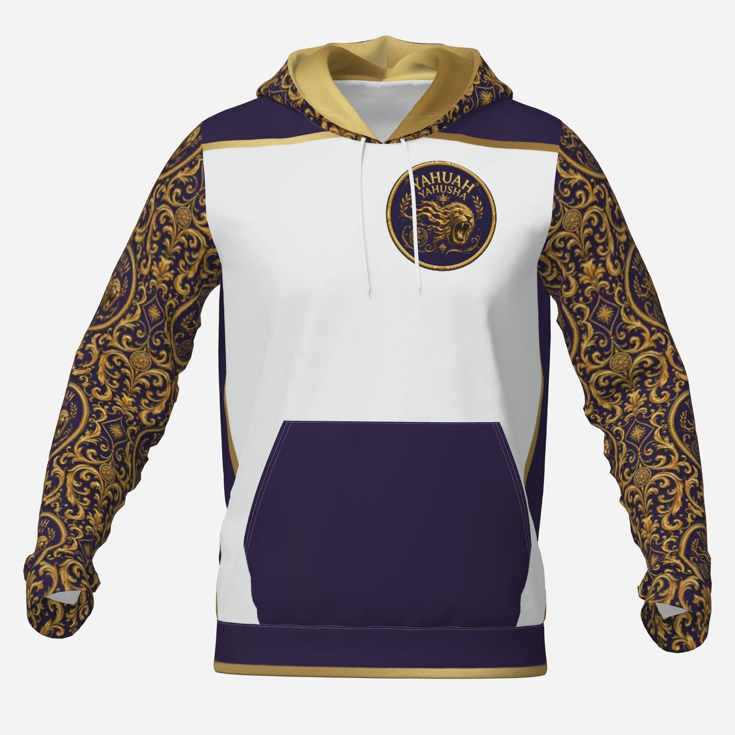 Product photo of Yahuah Yahusha hoodie with white body, dark purple pouch, gold baroque patterned sleeves, and lion crest logo.