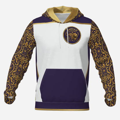 Product photo of Yahuah Yahusha hoodie with white body, dark purple pouch, gold baroque patterned sleeves, and lion crest logo.
