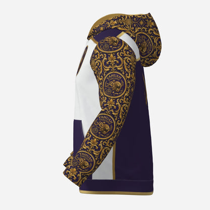 Right side profile of Yahuah Yahusha hoodie highlighting gold and purple ornate filigree sleeve design and patterned lined hood.