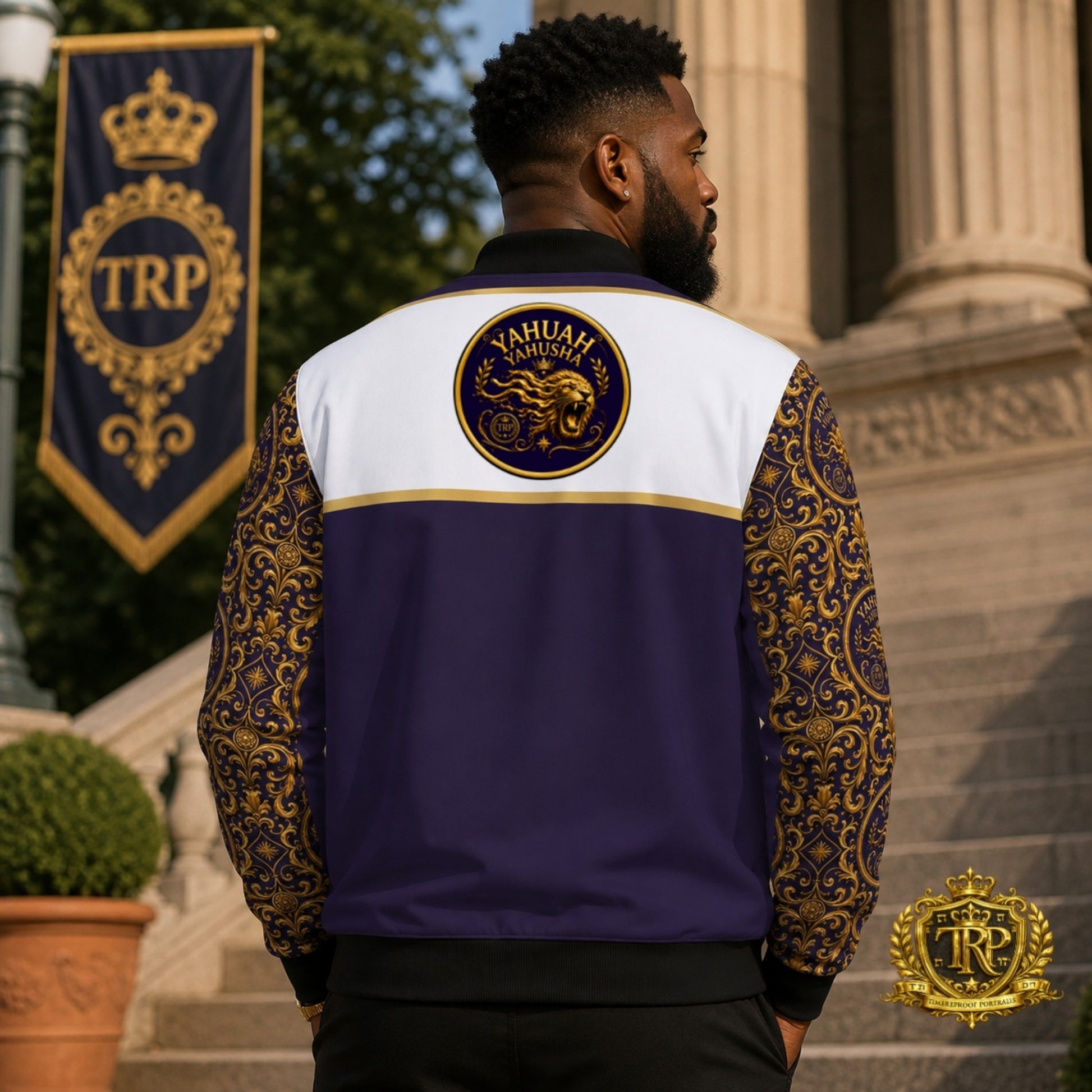 Back view of model wearing the Yahuah Yahusha insulated bomber jacket featuring gold filigree sleeves and circular crest.
