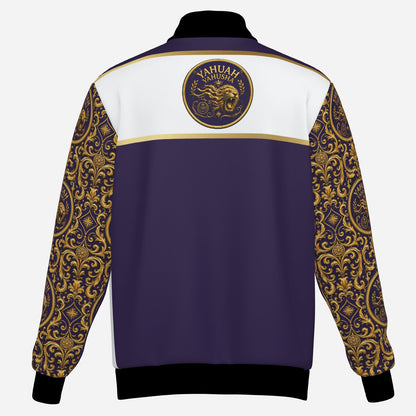 Back view of the Yahuah Yahusha men's insulated bomber jacket showing white upper panel, purple base, and lion emblem.