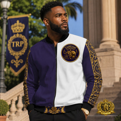 Model wearing the Yahuah Yahusha men's insulated bomber jacket in purple and white with gold filigree sleeves and chest seal.