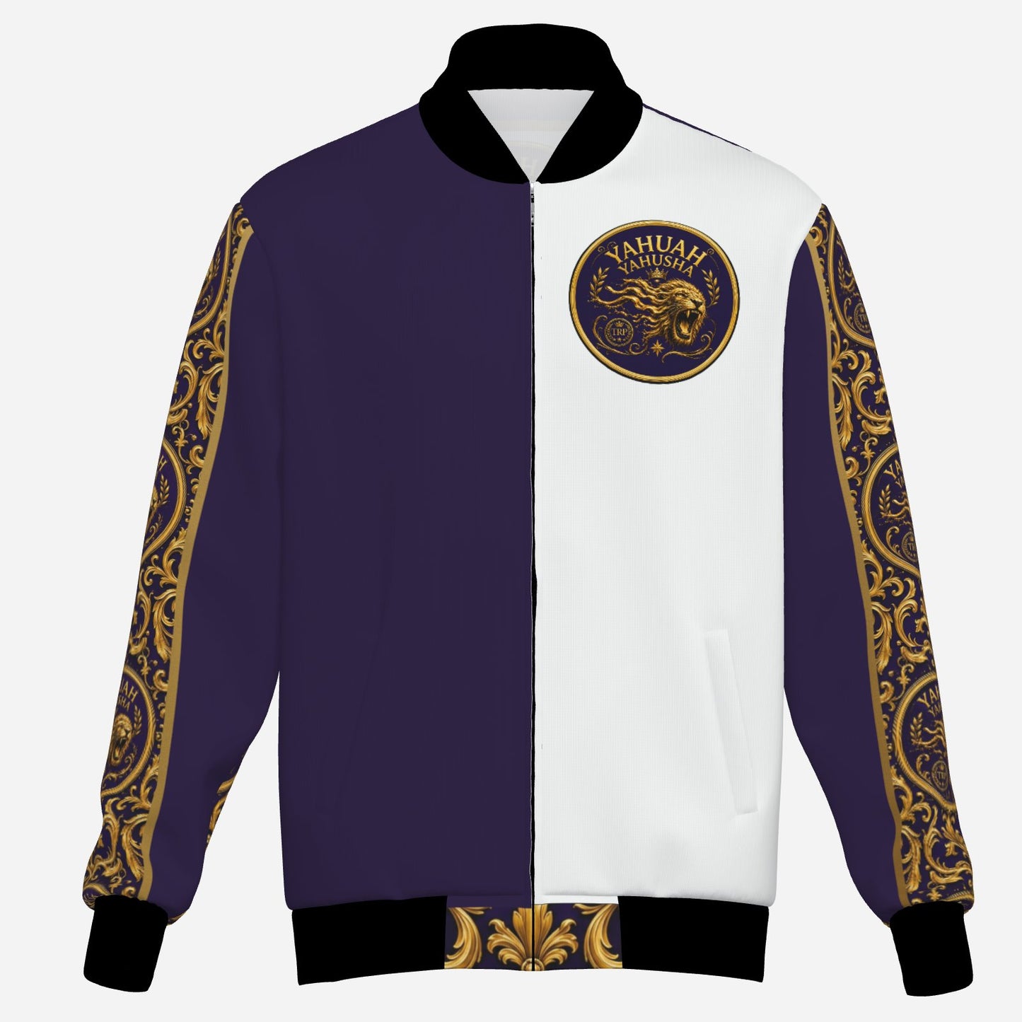 Front view of men's Yahuah Yahusha insulated bomber jacket with split purple and white panels and ornate gold filigree sleeves.