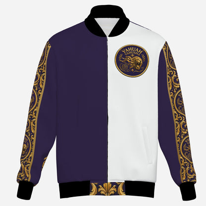 Front view of men's Yahuah Yahusha insulated bomber jacket with split purple and white panels and ornate gold filigree sleeves.