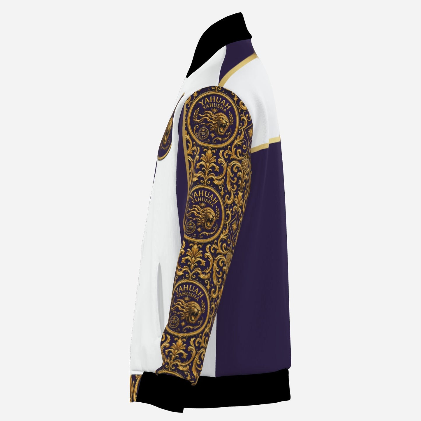 Left side profile of the Yahuah Yahusha men's insulated bomber jacket highlighting gold filigree sleeve detailing.