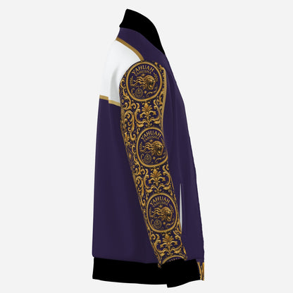 Right sleeve view of the Yahuah Yahusha men's insulated bomber jacket displaying intricate gold filigree pattern and seal.