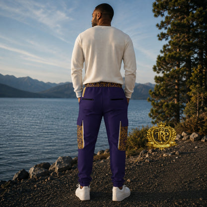 Back view of a man wearing purple Yahuah Yahusha lantern cargo joggers showcasing patterned waistband and back pocket zip details.
