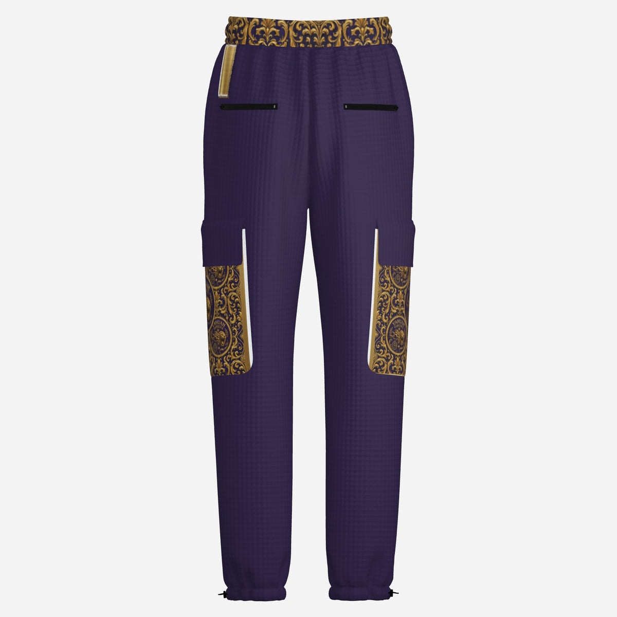 Back product view of Yahuah Yahusha men's purple lantern cargo joggers featuring zip pockets and patterned waistband.