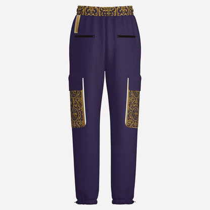 Back product view of Yahuah Yahusha men's purple lantern cargo joggers featuring zip pockets and patterned waistband.