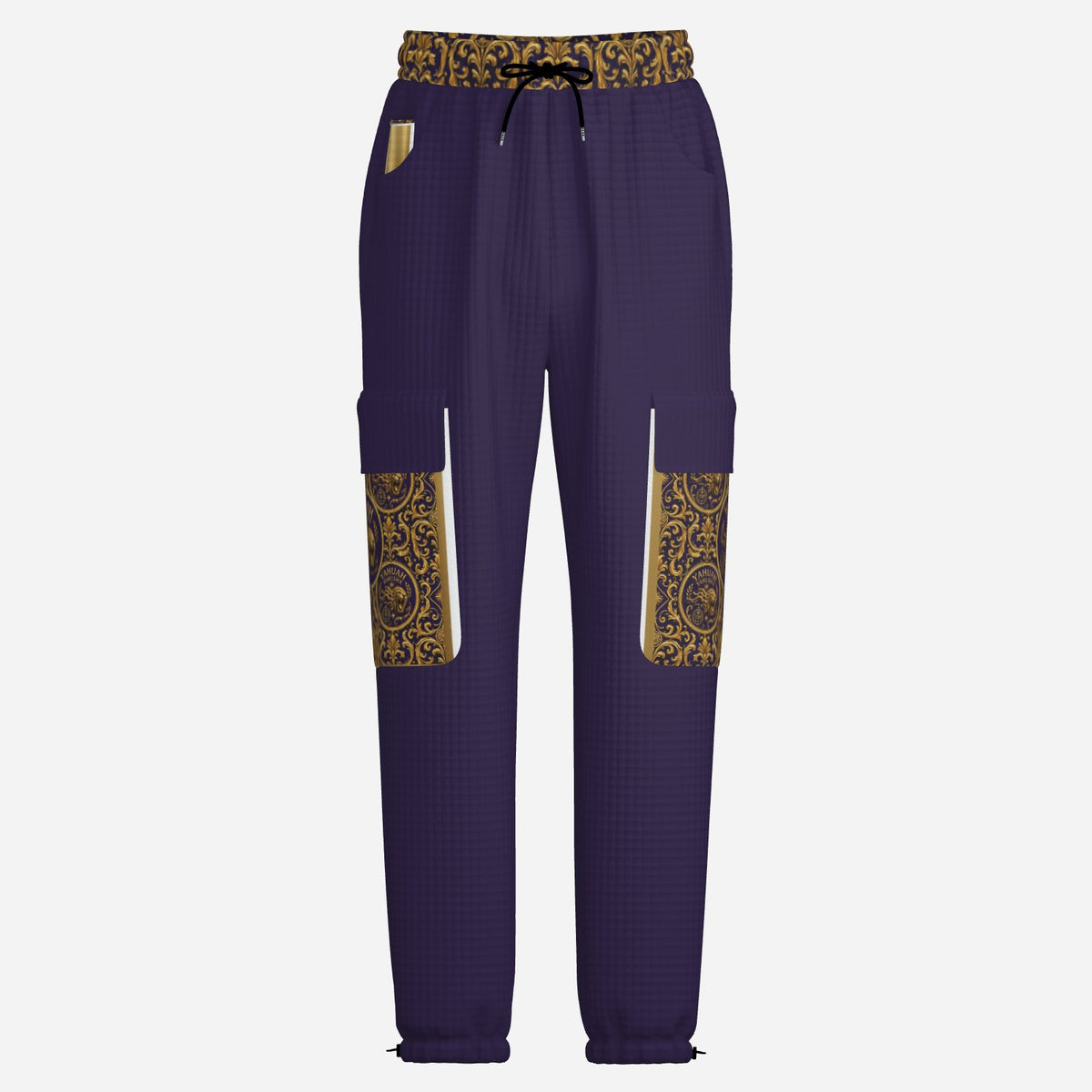 Product display of Yahuah Yahusha men's purple lantern cargo joggers showing front pockets, gold trim, and ornate pattern.